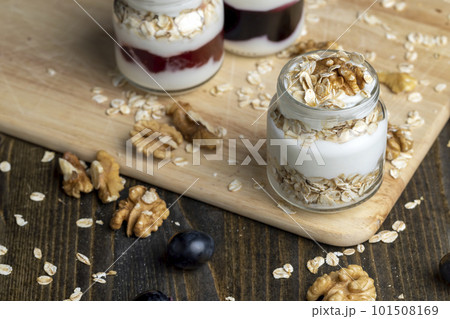 Fresh delicious yogurt made from milk with walnuts 101508169
