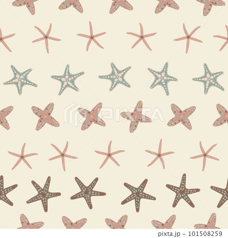 Hand drawn seamless repeating pattern with various Starfishes pastel colors, vector illustration on beige background. Trendy summer print. Textile Paper Card Social Media Design 101508259