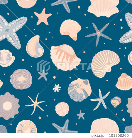 Hand drawn seashells texture vintage ocean background. vector marine illustration. Print for wallpaper, fabric, textile, cover, wrapping paper, banner, cards pattern. Hand drawn seashells 101508260