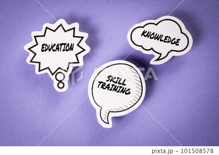 SKILL TRAINING, EDUCATION and KNOWLEDGE. Speech bubbles with text on purple background SKILL TRAINING, EDUCATION and KNOWLEDGE. Speech bubbles with text on purple background 101508578