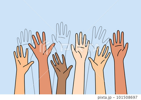 Multiracial people hands raise in air  101508697