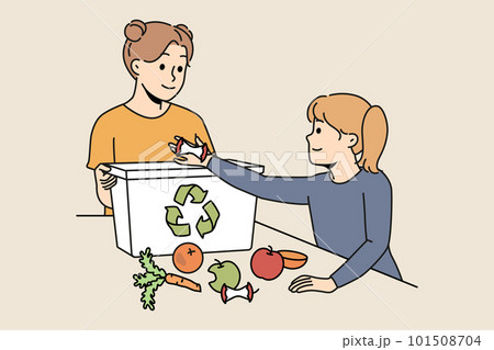 Smiling children throw food waste in eco container  101508704