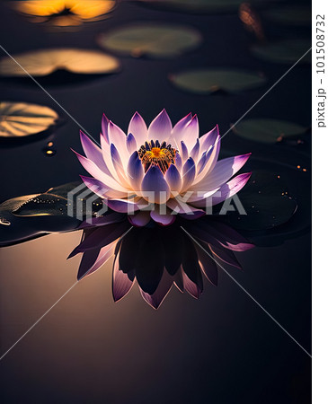 Amazing lotus blooming on dark pond have yellow pollen in center, waterlily with reflection in pond 101508732