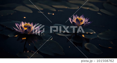 Two amazing flowering purple lotus or waterlily on dark water surface at lotus pond. Space for text Two amazing flowering purple lotus or waterlily on dark water surface at lotus pond. Space for text 101508762