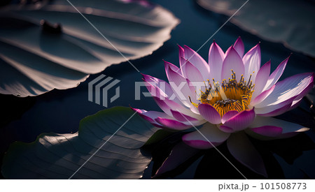 Pink lotus blooming on dark pond, have yellow pollen in center, waterlily in pond 101508773
