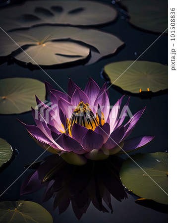 Beautiful waterlily on dark water surface at lotus pond. Space for text. Vertical  101508836