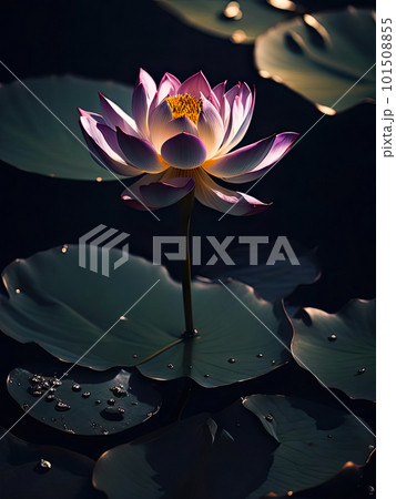 Amazing blooming waterlily on dark water surface at lotus pond. Space for text. Vertical  Amazing blooming waterlily on dark water surface at lotus pond. Space for text. Vertical  101508855