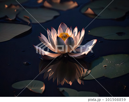 Closeup of Beautiful white lotus on dark water surface at lotus pond. Space for text . Waterlily  101508859