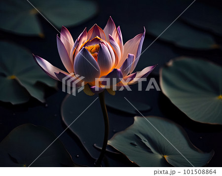Closeup of Beautiful purple lotus on dark water surface at lotus pond. Space for text Closeup of Beautiful purple lotus on dark water surface at lotus pond. Space for text 101508864