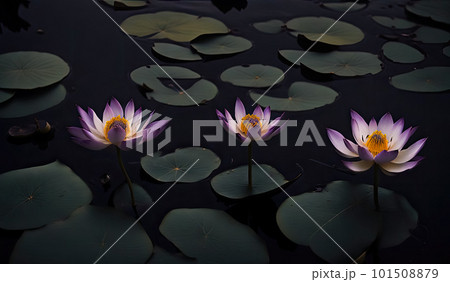 Ttree Beautiful blossoms purple lotus or waterlily on dark water surface at lotus pond. Space for text 101508879