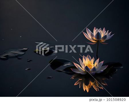 Two amazing flowering white lotus or waterlily on dark water surface at lotus pond. Space for text 101508920