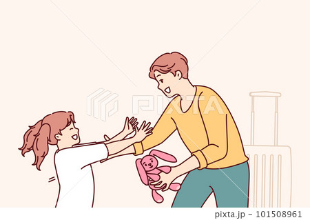 Little girl runs to father who returned from long business trip with gift and wants to hug daughter Little girl runs to father who returned from long business trip with gift and wants to hug daughter 101508961