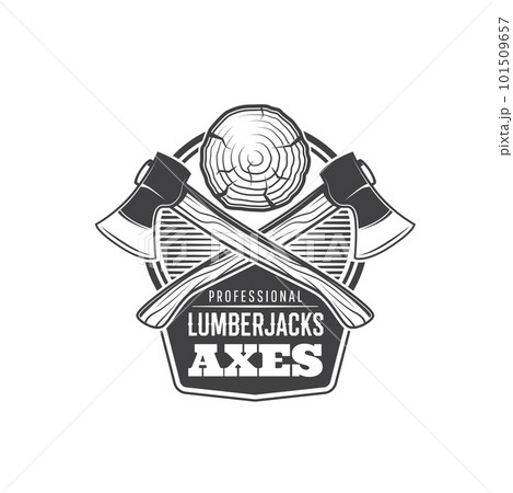 Crossed lumberjack axes icon. Forestry, logging and woodworking industry monochrome emblem, carpenter, lumberman or professional lumberjack tools shop vector symbol with crossed axes and wooden log 101509657