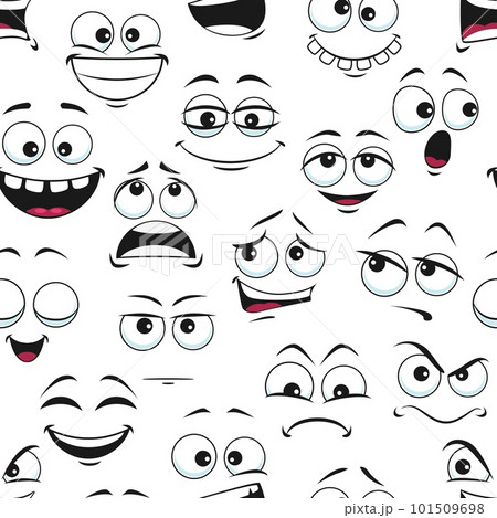 Funny cartoon faces seamless pattern background, vector emoticons or funny happy cute smiles. Cartoon emoji face pattern with comic fun expressions, eye and mouth emoticon characters in doodle pattern 101509698
