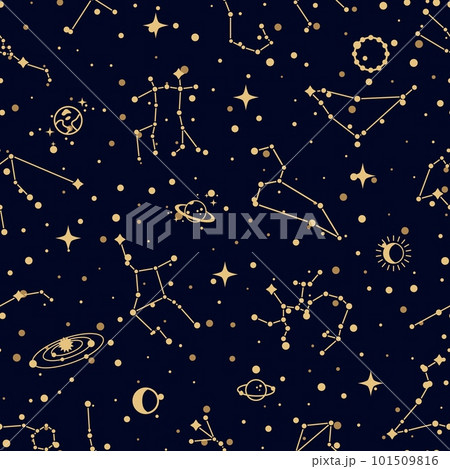 Constellation pattern, vector seamless background with zodiac star clusters, planets and satellites in black sky. Groups of stars in section of celestial sphere. Cosmic bodies in boundless space 101509816
