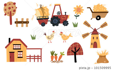 Farm set. Rural houses, windmill, tractor with hay, chickens, trees and crops. Agriculture collection, rural elements. Vector cartoon illustration isolated on the white background. 101509995