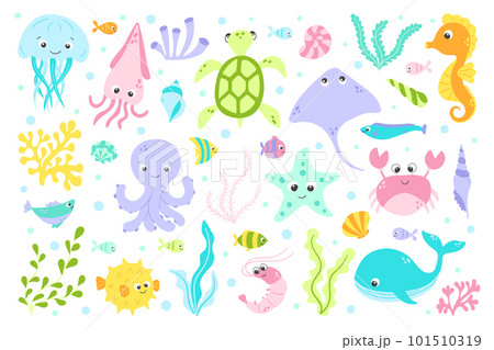 Vector cute fish and wild marine animals big collection in flat style. Colourful set of ocean and sea life 101510319