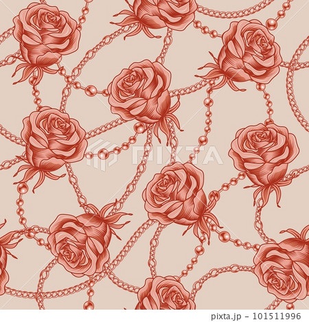 Seamless pattern with pale red roses, metal chains 101511996