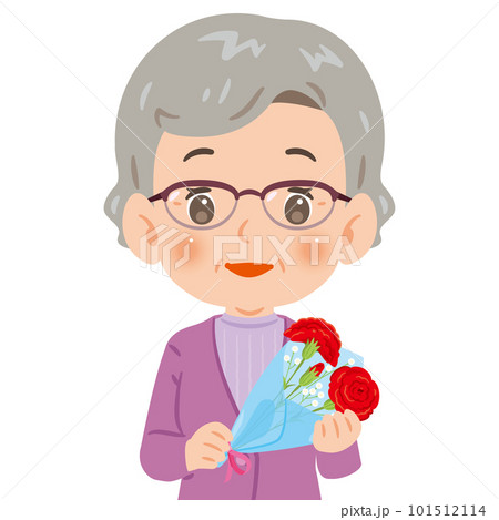 赤いカーネーションの花束を持ったシニア女性 101512114