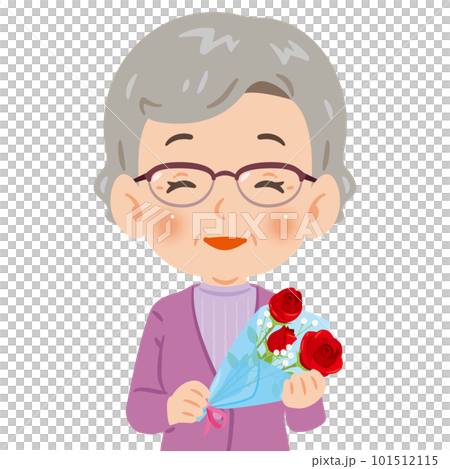 赤いバラの花束を持ったシニア女性 101512115