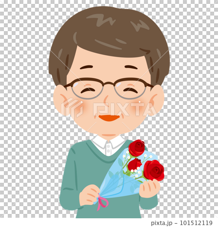 赤いバラの花束を持った中年男性 101512119