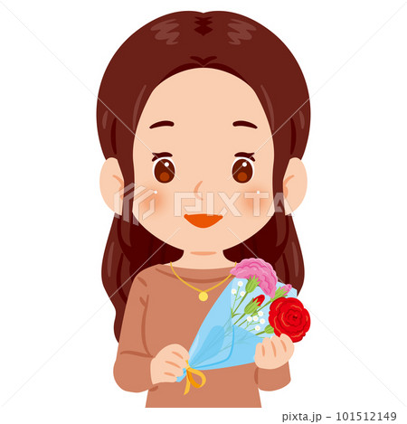 赤とピンクのカーネーションの花束を持った女性 101512149