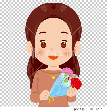 赤とピンクのカーネーションの花束を持った女性 101512149