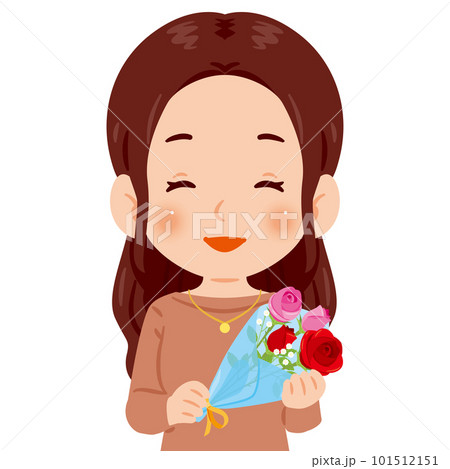 赤とピンクのバラの花束を持った女性 101512151