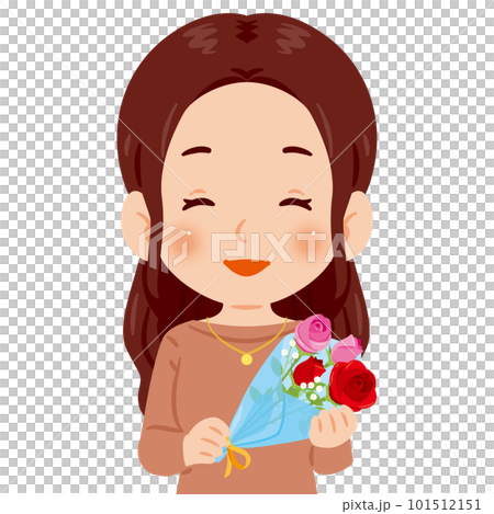赤とピンクのバラの花束を持った女性 101512151