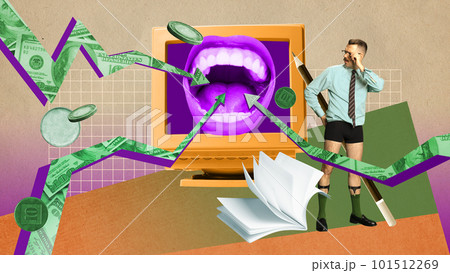 Concentrated businessman checking business analytics, working on financial company growth. Contemporary art collage. 101512269