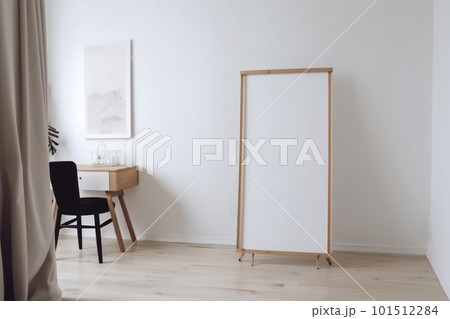 A contemporary living room with a black empty wall mockup, a white sofa, and a picture frame. Elegant and comfortable design with a natural light from the window. Is AI Generative. 101512284