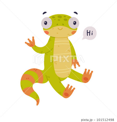 Funny Green Gecko Character Sitting and Waving Paw Saying Hi Greeting Vector Illustration 101512498