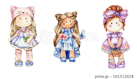 Watercolor hand drawn cute doll Tilda in dress set. Hand drawn illustration isolated on white. Designf for baby shower party, birthday, cake, holiday celebration design, greetings card,invitation. Watercolor hand drawn cute doll Tilda in dress set. Hand drawn illustration isolated on white. Designf for baby shower party, birthday, cake, holiday celebration design, greetings card,invitation. 101513028