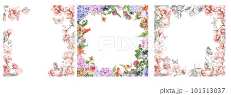 Watercolor hand drawn spring garden full of flowers square frame set. Watercolor illustration for scrapbooking.Cartoon hand drawn background with flower for kids design.Perfect for wedding invitation. 101513037
