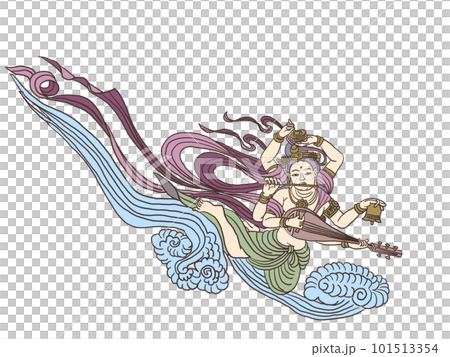 A celestial maiden blowing a flute while dancing in the sky 101513354