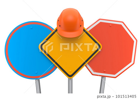 Set of safety helmet or hard hat on road traffic signs on pole on white. Set of safety helmet or hard hat on road traffic signs on pole on white. 101513405