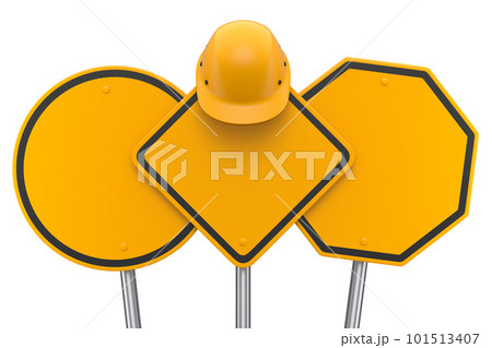 Set of safety helmet or hard hat on road traffic signs on pole on white. Set of safety helmet or hard hat on road traffic signs on pole on white. 101513407