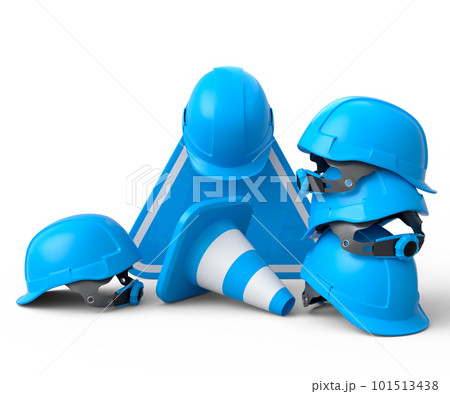 Set of safety helmets or hard hats and traffic cones, road sign on white Set of safety helmets or hard hats and traffic cones, road sign on white 101513438