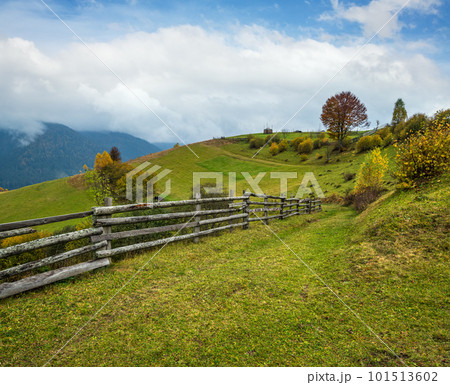 Cloudy and foggy day autumn mountains scene. Peaceful picturesque traveling, seasonal, nature and countryside beauty concept scene. Carpathian Mountains, Ukraine. 101513602