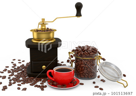 Manual wooden coffee grinder with coffee beans, cup and jar on white 101513697