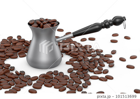 Turkish coffee cooked in sand or maker cezve with coffee bean on white 101513699