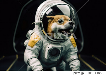 A cute canine astronaut in a space suit with its tongue out in excitement. Ready for a zero gravity exploration of the universe. Is AI Generative. 101513888