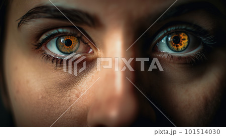 Extreme close-up portrait of a woman with an emphasis on the eyes, AI generative image Extreme close-up portrait of a woman with an emphasis on the eyes, AI generative image 101514030