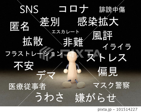暗闇に座った人形_コロナ誹謗中傷関連文字 暗闇に座った人形_コロナ誹謗中傷関連文字 101514227