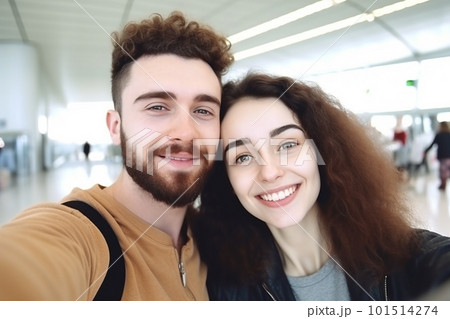Young couple travelers selfie. Created with generative Ai technology. 101514274
