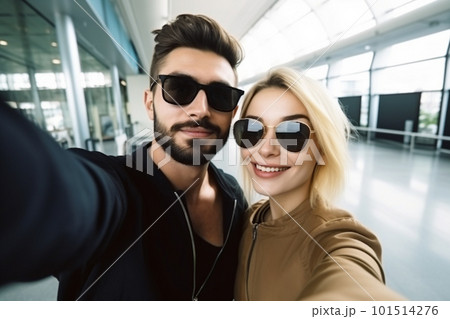 Young couple travelers selfie. Created with generative Ai technology. 101514276