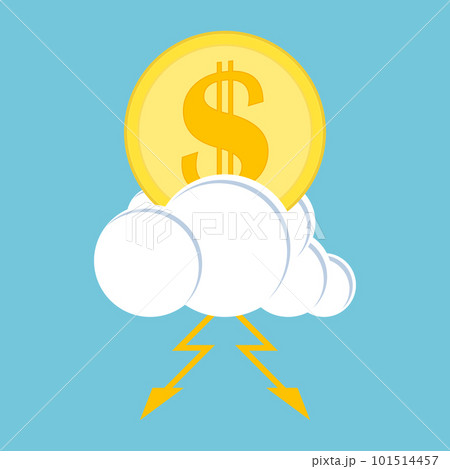 Golden coin with dollar symbol  with lightning on a thundercloud on blue sky background. Vector illustration. 101514457