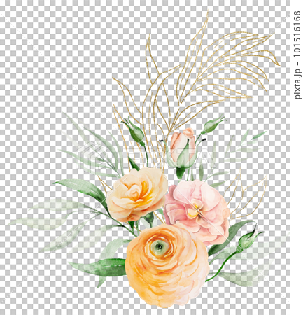 Bouquet made of orange and yellow watercolor flowers and green leaves, isolated wedding illustration Bouquet made of orange and yellow watercolor flowers and green leaves, isolated wedding illustration 101516168