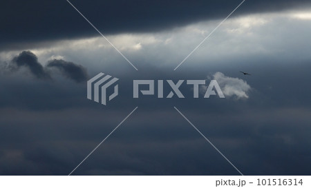 風が強かった夕方に雲間から射した光芒と光線に照らされた雲・春・望遠・空のみ・230318pm 101516314