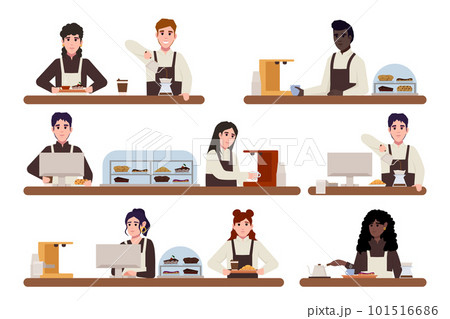 Group of cafe workers. Barista in apron making Coffee, cappuccino, pouring milk to coffee. Cafe bar background. hand drawn style Group of cafe workers. Barista in apron making Coffee, cappuccino, pouring milk to coffee. Cafe bar background. hand drawn style 101516686